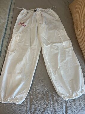 Ed Hardy White Drawstring Cargo Pants with Tattoo-Print Liner